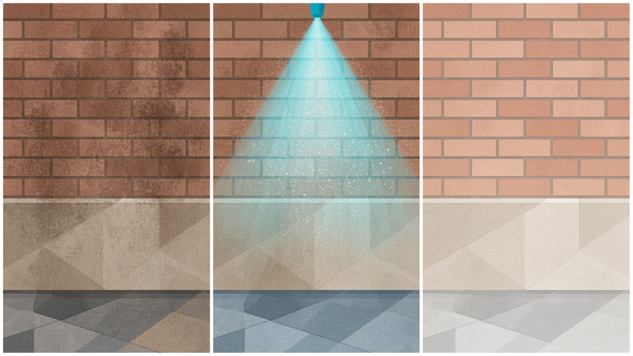 Soft illustration of commercial exterior cleaning stages